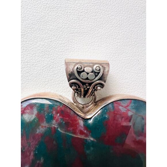 Large Sterling Silver Bloodstone Heart Pendant Red Green Pattern Decorative Bail - Picture 2 of 7